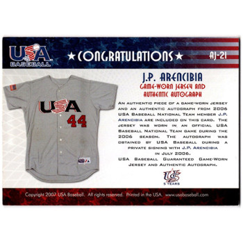 J.P. Arencibia Signed 2007 USA Baseball National Jersey Signature /150 #AJ-21