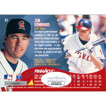 Jim Edmonds California Angels Signed 1995 Pinnacle Card #65 JSA Authenticated
