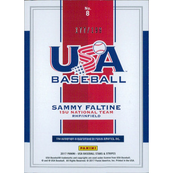 Sammy Faltine Signed 2017 Panini Stars & Stripes USA Baseball Card #8 /199