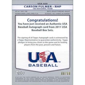 Carson Fulmer Signed 2011 Topps USA Baseball Card #A50 68/99