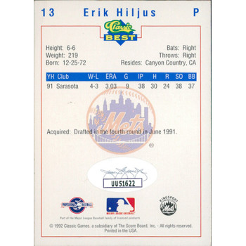 Erik Hiljus Kingsport Mets Signed 1992 Classic Best Card #13 JSA Authentic Erik Hiljus Kingsport Mets Signed 1992 Classic Best Card #13 JSA Authentic