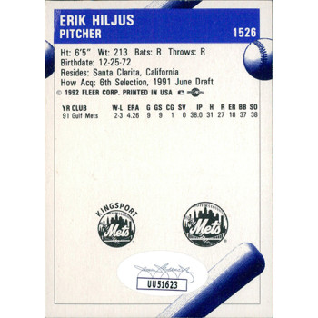Erik Hiljus Kingsport Mets Signed 1992 Fleer Pro Cards #1562 JSA Authenticated Erik Hiljus Kingsport Mets Signed 1992 Fleer Pro Cards #1562 JSA Authenticated