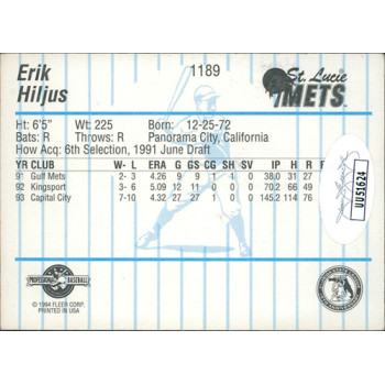 Erik Hiljus St. Lucie Mets Signed 1994 Fleer Pro Cards #1189 JSA Authenticated