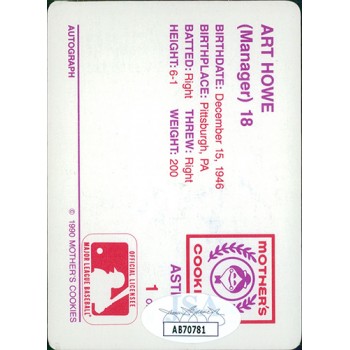 Art Howe Houston Astros Signed 1990 Mother's Cookies Card JSA Authenticated Art Howe Houston Astros Signed 1990 Mother's Cookies Card JSA Authenticated
