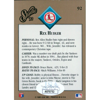 Rex Hudler Cardinals Signed 1992 Leaf Studio Card #92 JSA Authenticated Rex Hudler Cardinals Signed 1992 Leaf Studio Card #92 JSA Authenticated