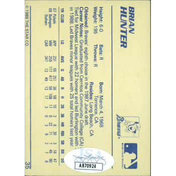 Brian Hunter Greenville Braves Signed 1989 The Star Card #35 JSA Authenticated Brian Hunter Greenville Braves Signed 1989 The Star Card #35 JSA Authenticated