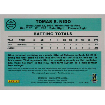 Tomas Nido Signed 2018 Panini Donruss Optic Bronze Rated Rookie Card #84S-TN