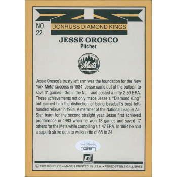 Jesse Orosco New York Mets Signed 1986 Donruss DK Jumbo Card #22 JSA Authentic