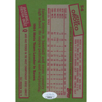 Jesse Orosco New York Mets Signed 1985 Topps Jumbo Card #54 JSA Authenticated Jesse Orosco New York Mets Signed 1985 Topps Jumbo Card #54 JSA Authenticated