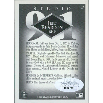 Jeff Reardon Boston Red Sox Signed 1991 Leaf Studio Card #19 JSA Authenticated Jeff Reardon Boston Red Sox Signed 1991 Leaf Studio Card #19 JSA Authenticated