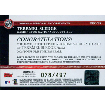 Terrmel Sledge Signed 2005 Topps Pristine Personal Endorsements Card #PEC-TS /497 Terrmel Sledge Signed 2005 Topps Pristine Personal Endorsements Card #PEC-TS /497
