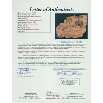 Baseball Stars Signed Baseball Glove by 20 JSA Authenticated Zimmer Yeager Baseball Stars Signed Baseball Glove by 20 JSA Authenticated Zimmer Yeager