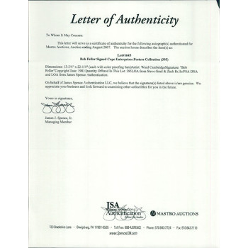 Bob Feller Cleveland Indians Signed 13x22 Cope Enterprise Poster JSA Authentic