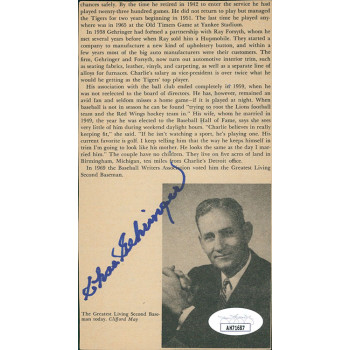 Charles Gehringer Tigers Signed 3.5x6.25 Newspaper Cut Page JSA Authenticated Charles Gehringer Tigers Signed 3.5x6.25 Newspaper Cut Page JSA Authenticated