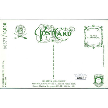 Harmon Killebrew Twins Signed Perez Steele HOF Postcard JSA Authenticated Harmon Killebrew Twins Signed Perez Steele HOF Postcard JSA Authenticated