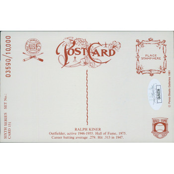 Ralph Kiner Pirates Signed Perez Steele HOF Postcard JSA Authenticated