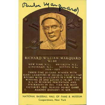 Rube Marquard Signed Hall of Fame Cooperstown Plaque Postcard JSA Authenticated Rube Marquard Signed Hall of Fame Cooperstown Plaque Postcard JSA Authenticated