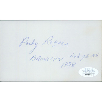 Packy Rogers Brooklyn Dodgers Signed 3x5 Index Card JSA Authenticated