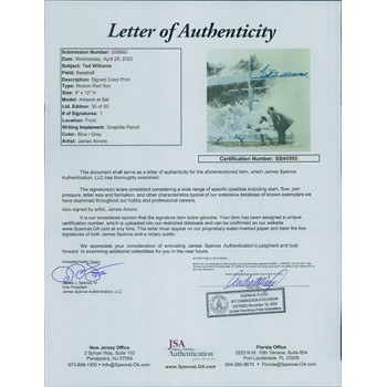 Ted Williams Red Sox and James Amore Signed 9x12 Lithograph JSA Authenticated Ted Williams Red Sox and James Amore Signed 9x12 Lithograph JSA Authenticated