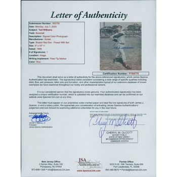 Ted Williams Boston Red Sox Signed 8x10 Glossy Photo JSA Authenticated