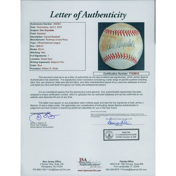 Don Drysdale Signed Official Rawlings National League Baseball JSA Authenticated