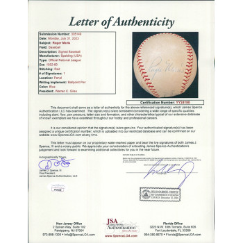 Roger Maris Signed Official National League Baseball JSA Authenticated Roger Maris Signed Official National League Baseball JSA Authenticated