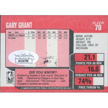 Gary Grant Los Angeles Clippers Signed 1989-90 Fleer Card #70 JSA Authenticated
