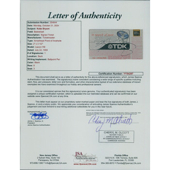 Kobe Bryant Los Angeles Lakers Signed Lauryn Hill Ticket Stub JSA Authenticated Kobe Bryant Los Angeles Lakers Signed Lauryn Hill Ticket Stub JSA Authenticated