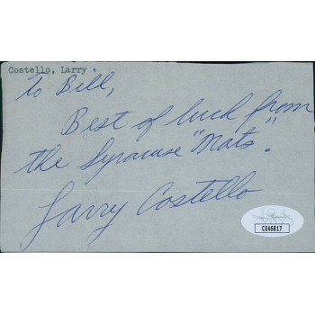 Larry Costello Syracuse Nationals Signed 3x5 Cut Page JSA Authenticated Larry Costello Syracuse Nationals Signed 3x5 Cut Page JSA Authenticated