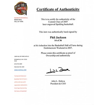 Phil Jackson Signed Basketball Hall of Fame Limited Edition Basketball JSA Auth