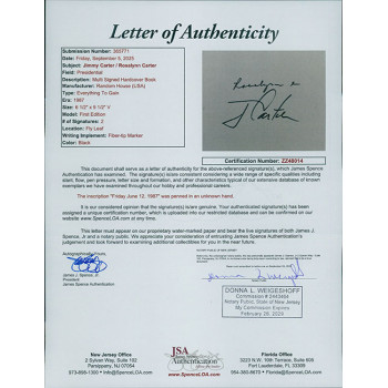 Everything To Gain Jimmy Rosalynn Carter Signed 1st Ed HC Book JSA Authenticated