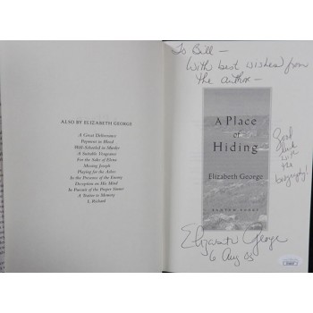 Elizabeth George Signed A Place of Hiding First Edition Book JSA Authenticated P