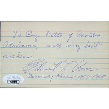 Edward Arn Kansas Governor Signed 3x5 Index Card JSA Authenticated