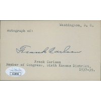 Frank Carlson Kansas Congressmen Senator Signed 3x5 Index Card JSA Authenticated Frank Carlson Kansas Congressmen Senator Signed 3x5 Index Card JSA Authenticated
