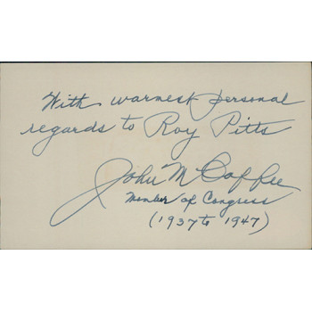 John M. Coffee Washington Congressman Signed 3x5 Index Card JSA Authenticated