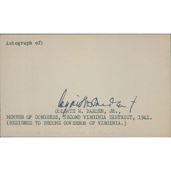 Colgate Darden Jr. Virginia Congressman Signed 3x5 Index Card JSA Authenticated