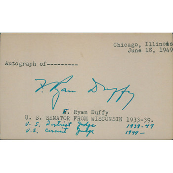 F. Ryan Duffy Wisconsin Senator Signed 3x5 Index Card JSA Authenticated