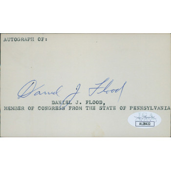 Daniel Flood Pennsylvania Congressmen Signed 3x5 Index Card JSA Authenticated