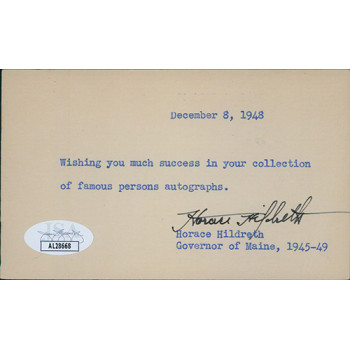 Horace Hildreth Maine Governor Signed 3x5 Index Card JSA Authenticated