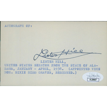 Lister Hill Alabama Congressman Senator Signed 3x5 Index Card JSA Authenticated