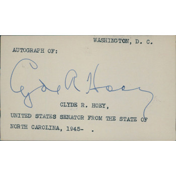 Clyde Hoey North Carolina Senator Signed 3x5 Index Card JSA Authenticated
