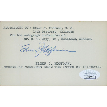 Elmer Hoffman Illinois Congressmen Signed 3x5 Index Card JSA Authenticated