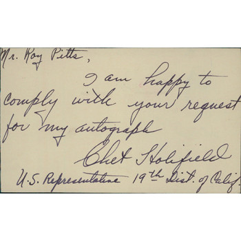 Chet Holifield California Congressman Signed 3x5 Postcard JSA Authenticated Chet Holifield California Congressman Signed 3x5 Postcard JSA Authenticated