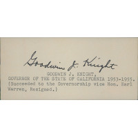 Goodwin Knight California Governor Signed 2.25x5 Index Card JSA Authenticated Goodwin Knight California Governor Signed 2.25x5 Index Card JSA Authenticated