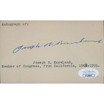 Joseph Knowland California Congressman Signed 3x5 Index Card JSA Authenticated