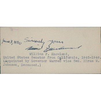 William Knowland California Senator Signed 2.25x5 Index Card JSA Authenticated