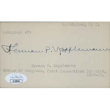 Herman Kopplemann Connecticut Congressman Signed 3x5 Index Card JSA Authentic