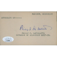 Philip LaFollette Wisconsin Governor Signed 3x5 Index Card JSA Authenticated Philip LaFollette Wisconsin Governor Signed 3x5 Index Card JSA Authenticated