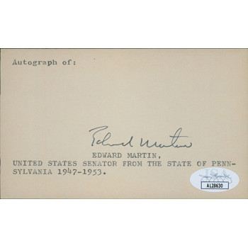 Edward Martin Pennsylvania Governor Senator Signed 3x5 Index Card JSA Authentic