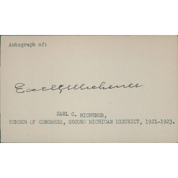Earl Michener Michigan Congressman Signed 3x5 Index Card JSA Authenticated
